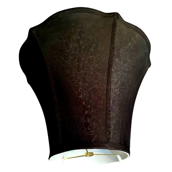 Vtg Black Scalloped Jacquard Fabric Bell Lamp Shade White Liner Vertical Piping - Picture 5 of 5